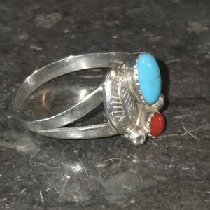Vintage Navajo Ring 925 Silver Turquiose & Coral Native American C.80's Sz 4